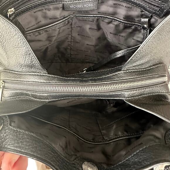 Michael Kors Black Leather Raven Silver Flower Stud Large Shoulder Tote Purse - Picture 10 of 16